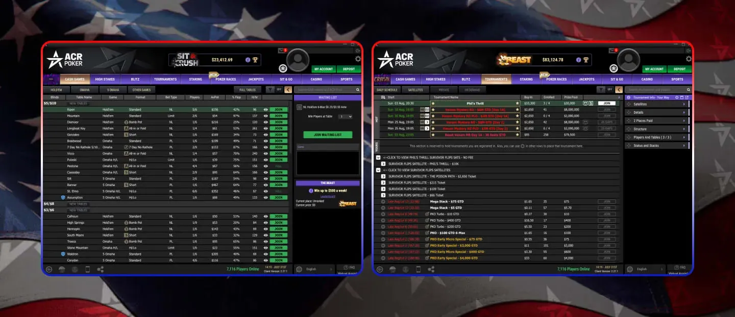 Client de poker Americas Card Room — capture d'écran réelle 2