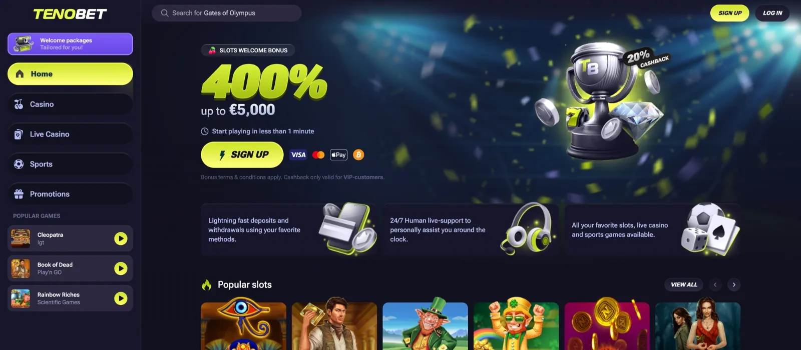 Client de casino TenoBet — capture d'écran réelle 2